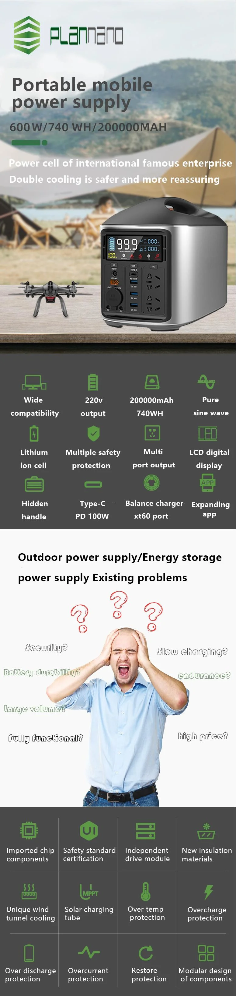 2023 Portable 740wh Outdoor Camping Energy Storage Mobile Generator Emergency Charger Solar Power Supply Station Power Bank for Low Temperature Outdoor